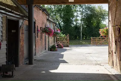 an alley way with flowers hanging from buildings at The Lawley in Shrewsbury