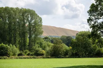 a green field with trees and a hill in the background at The Lawley in Shrewsbury
