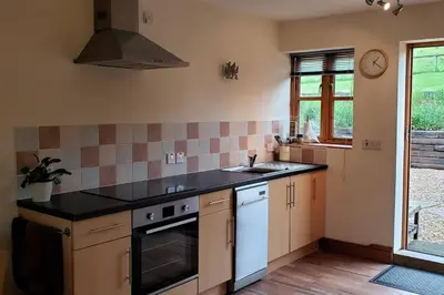 a kitchen with a sink and a stove at Stargazing lodge with amazing views. in Llandrindod Wells