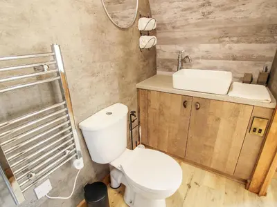 a bathroom with a white toilet and a sink at Shire's End in Caynham