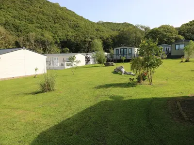 a large yard with houses and a grass field at 116 Woodpecker Lodge in New Quay