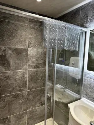 a bathroom with a shower and a sink at Flat 2 The Butlers Quarters in Oswestry