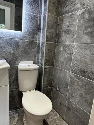 a bathroom with a toilet and a tiled wall at Flat 2 The Butlers Quarters in Oswestry