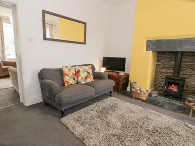 a living room with a couch and a fireplace at Swn Yr Afon in Tywyn