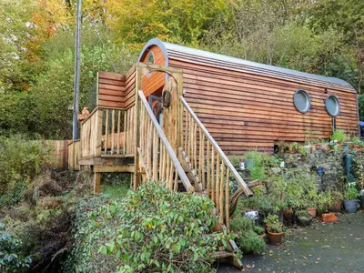 a wooden house with a wooden staircase in a garden at The Kites Nest in Ystrad Meurig