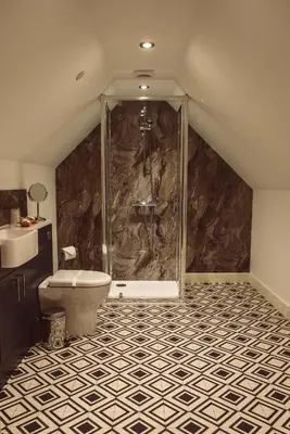 a bathroom with a shower and a toilet at The Clockhouse in Montgomery