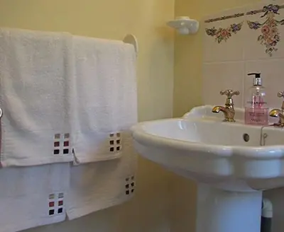 a bathroom with a white sink and towels at Bryn Sion Farm in Dinas Mawddwy