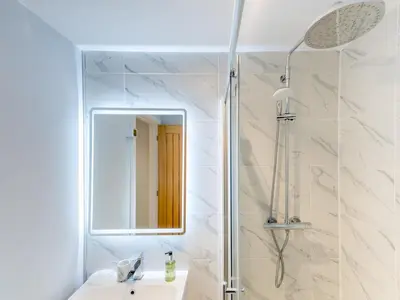 a bathroom with a shower and a sink and a mirror at Bouvardia Modern town centre apartment - Pass the Keys in Shrewsbury