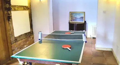 a ping pong table with two ping pong balls on it at Gaer Hall Guilsfield a country mansion with hottub in Welshpool