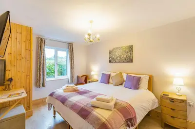 a bedroom with a large bed and a tv at Rhosllyn Retreats - Lakeside Lodge in Rhayader