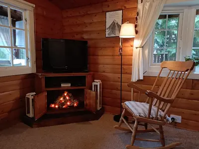 a living room with a fireplace and a tv and a chair at 299 Willow Lodge in Trawsfynydd