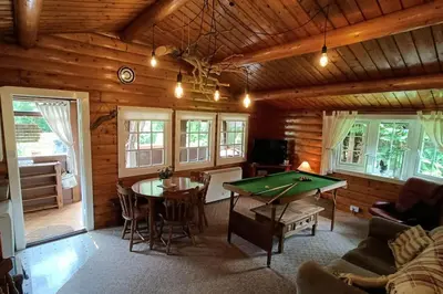 a living room with a pool table in a cabin at 299 Willow Lodge in Trawsfynydd