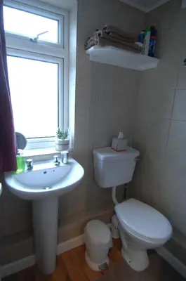 a bathroom with a toilet and a sink and a window at Dwy Olwyn in Dolgellau