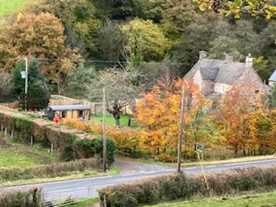 a house on the side of a road with trees at Transformed Railway Wagon- Sleeps2-Garden-Firepit in Crickhowell