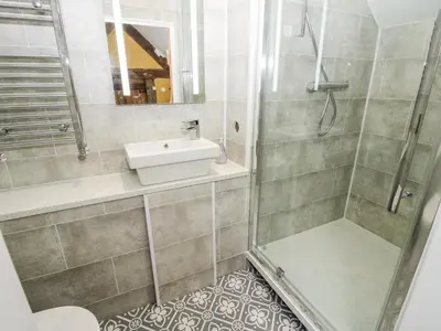 a bathroom with a shower and a sink at Pentre Hall in Oswestry