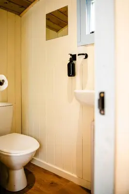 a bathroom with a toilet and a sink at Cosy Shepherd's Hut with Hot Tub in Church Stretton