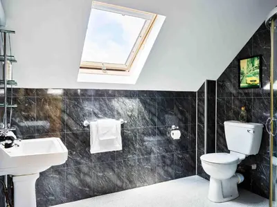 a bathroom with a toilet and a sink and a window at Trefaen Cottage in Brecon