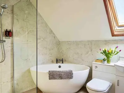a bathroom with a bath tub and a toilet at Llysfaen Cottage in Brecon