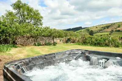a bath tub filled with water in a field at Onnen Fawr Farmhouse in Brecon