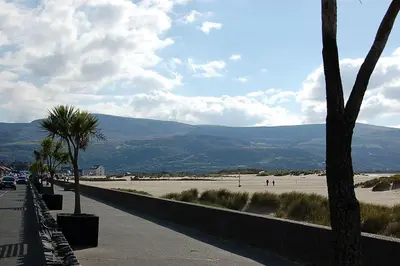 a sidewalk next to a beach with palm trees at Beach Vista Apartment One in Barmouth in Barmouth