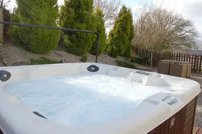a jacuzzi tub in a yard with trees at Ty Pen y Bryn in Dolgellau in Dolgellau