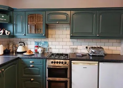 a kitchen with green cabinets and a stove top oven at Swn Y Tonnau in Tywyn