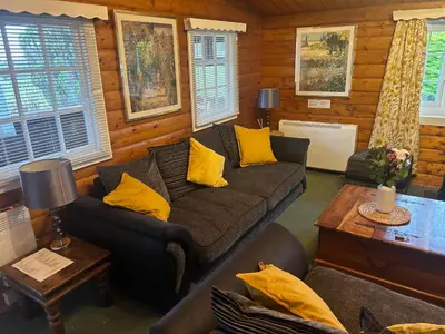 a living room with a couch and yellow pillows at Cosy Log Cabin Snowdonia Eryri in Trawsfynydd
