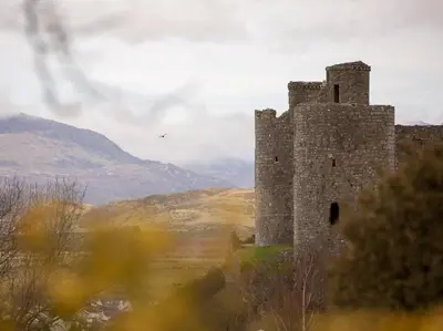 a castle in a field with mountains in the background at 2 Bed in Corwen oc-77351 in Corwen