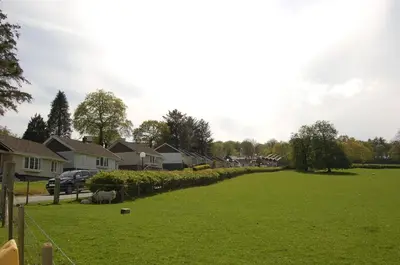 a yard with green grass and houses in the background at Hafan Y Talgarth bungalow at Plas Talgarth resort in Pennal
