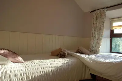 a bedroom with two beds with white sheets and a window at Henborth Mawr Cottage in Talybont in Talybont