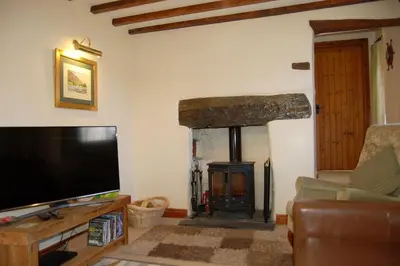 a living room with a television and a fireplace at Glyn Saron near Tywyn in Bryn-crug