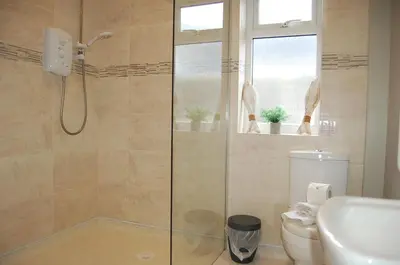 a bathroom with a shower and a toilet at Sound of the Sea, beach front Bungalow with hot tub, in Tywyn in Tywyn