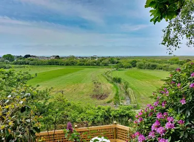 a view of a field from a garden with flowers at South View Cottage with Terrace and Coastal Views in Fairbourne