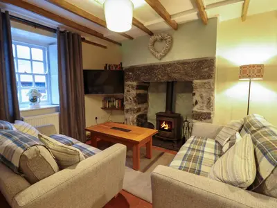 a living room with two couches and a fireplace at Bwthyn Y Bugail in Blaenau-Ffestiniog