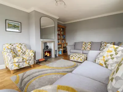 a living room with a couch and a fireplace at Craig Yr Ronwy in Bala