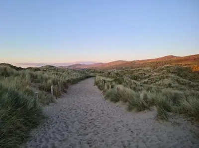 a dirt road in a field with grass at Holiday Cottage in Snowdonia (Sleeps 10) in Harlech