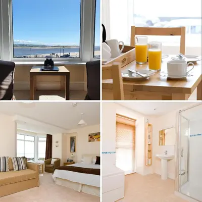 a collage of three pictures of a hotel room at Fron Haul in Aberdyfi