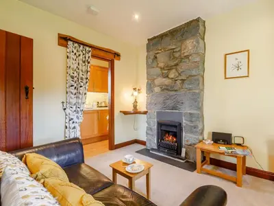 a living room with a couch and a fireplace at 1 Bed in Dyffryn Ardudwy oc-89395 in Dyffryn