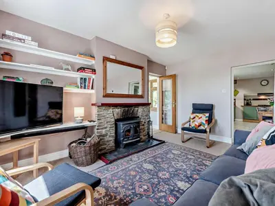 a living room with a fireplace and a tv at 3 Bed in Carmarthen oc-92116 in Rhyd-cymmerau