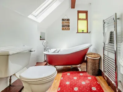 a bathroom with a red bath tub and a toilet at 3 Bed in Aberdovey DY032 in Aberdyfi