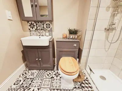 a bathroom with a toilet and a sink and a shower at Unique town centre apartment with vaulted ceiling - Pass the Keys in Shrewsbury