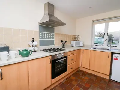 a kitchen with wooden cabinets and a stove top oven at Railway Station Cottage in Llandrindod Wells