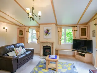 a living room with a leather couch and a fireplace at The Beehive C29 - Uk45926 in Newtown