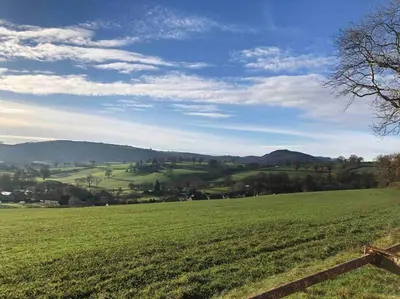 a field of green grass with mountains in the background at Maytree Cottage. Compact home in Mid Wales. in Llanrhaeadr-ym-Mochnant