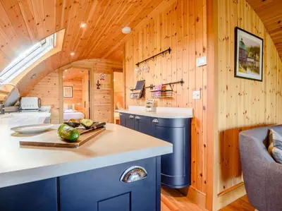 a kitchen and living room in a log cabin at 2 Bed in Rhayader oc-90280 in Saint Harmon