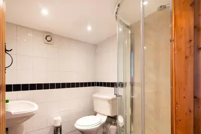 a bathroom with a toilet and a sink and a shower at The Retreat in Llanrhaeadr-ym-Mochnant