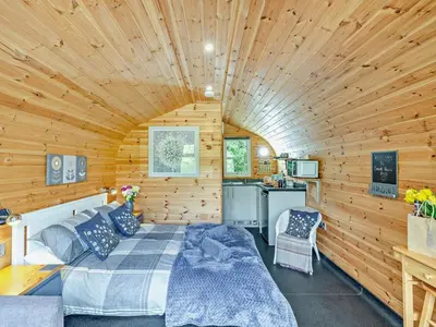 a bedroom with a bed in a wooden cabin at 1 Bed in Church Stretton oc-90929 in All Stretton