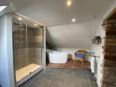 a bathroom with a large shower and a tub at No 2 Dolheulog Aberaeron in Aberaeron