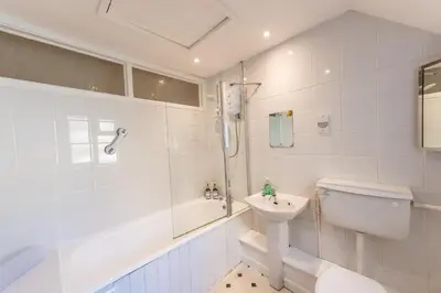 a bathroom with a shower and a toilet and a sink at Toad Hall in Ludlow
