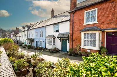 a row of houses on a street with plants at Toad Hall in Ludlow
